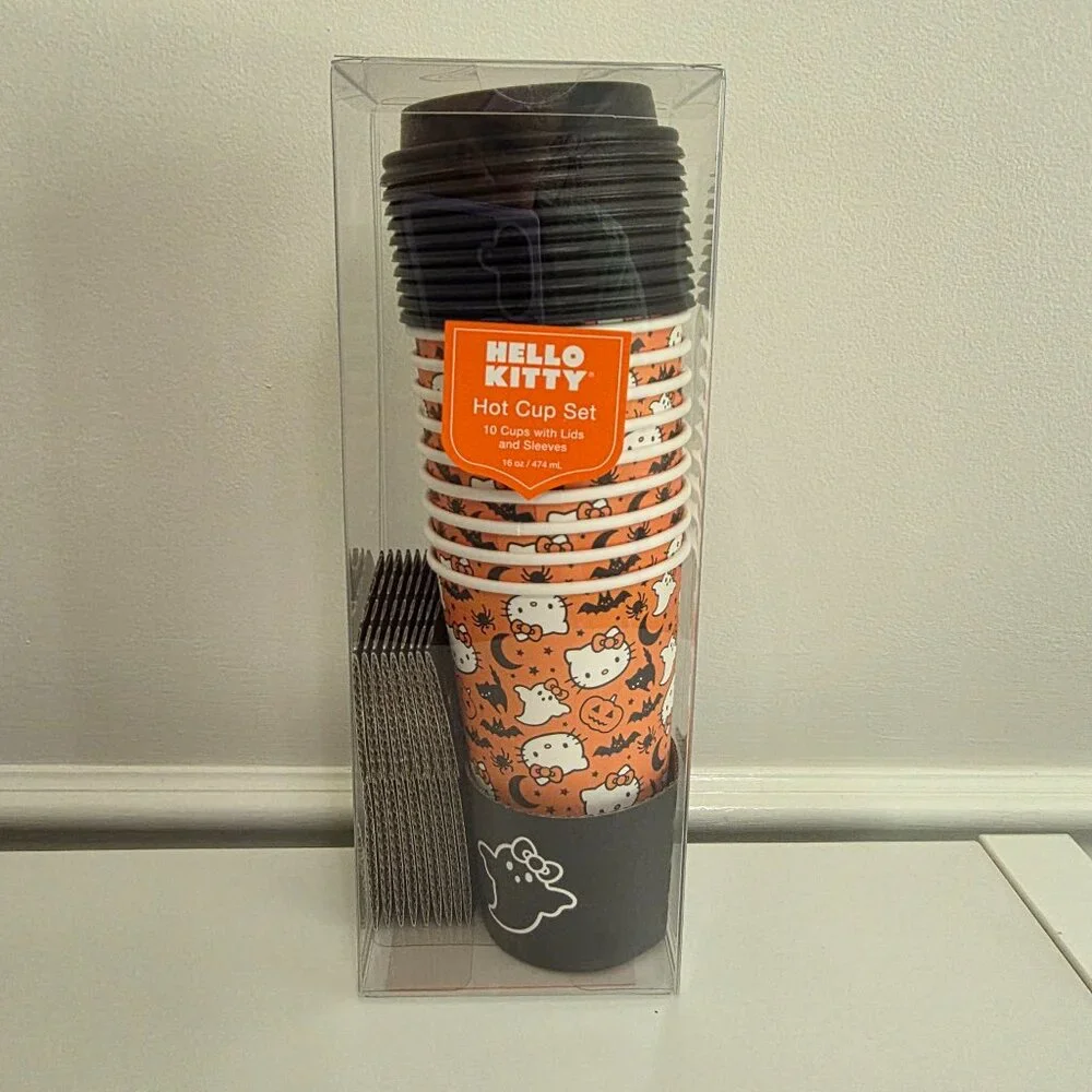 HELLO KITTY 16 oz Paper Cups w/ Lids and Sleeves | Coffee Hot Cocoa Tea | NEW
